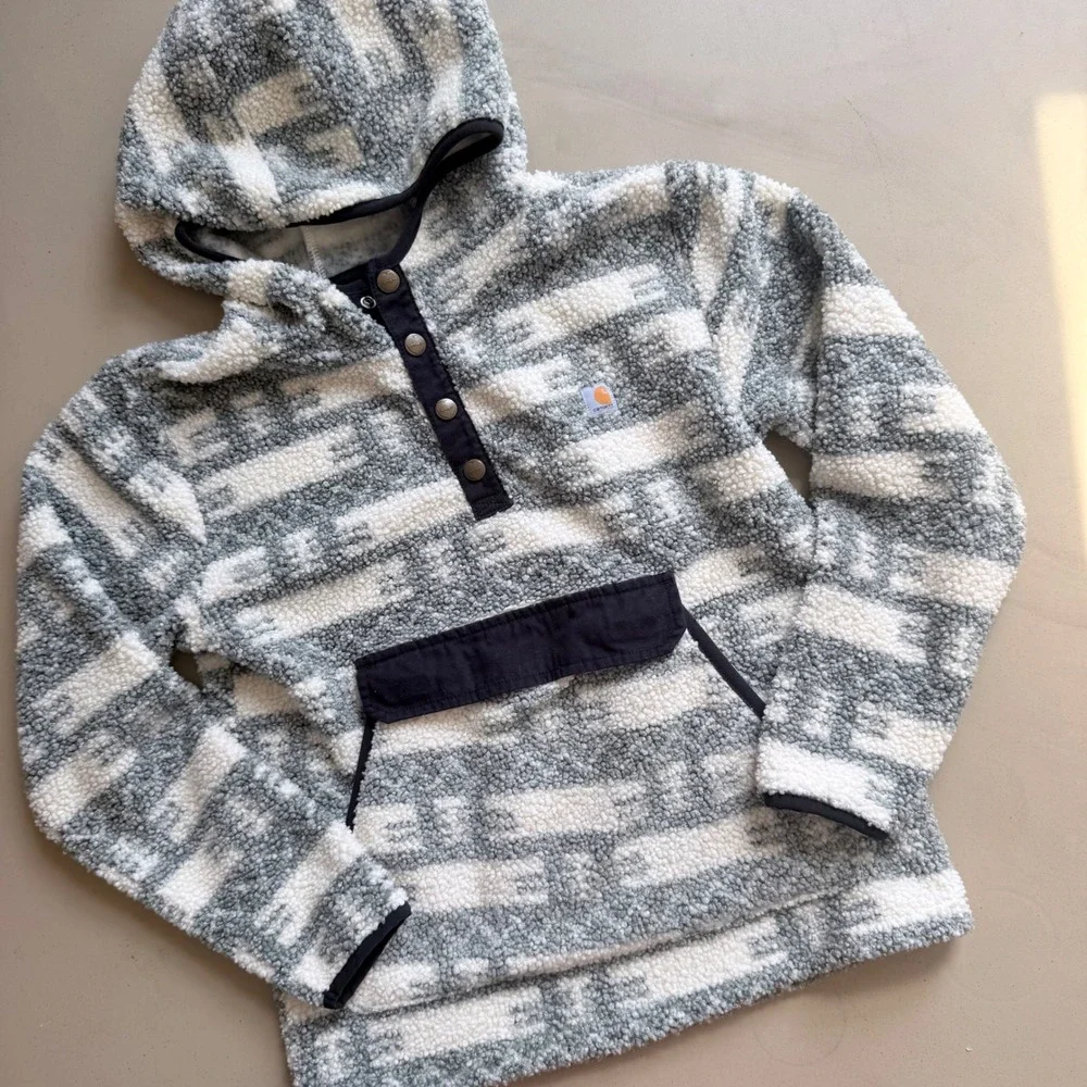 Carhartt kid Fleece Hoodie XL Grey White Geometric cozy warm layering Sweatshirt - Picture 2 of 2